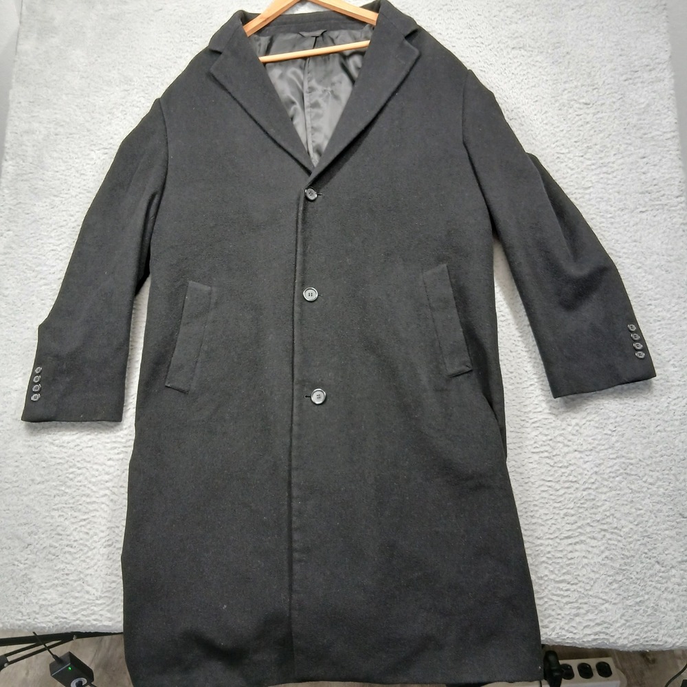 Chaps Men's 46L Black Wool Blend Overcoat 3-Button‎ Long Dress Coat